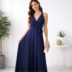NWT 41 Hawthorn Sz Sm Maxi Blue Faux Wrap Empire Waist Tie Soft 54” Long Dress